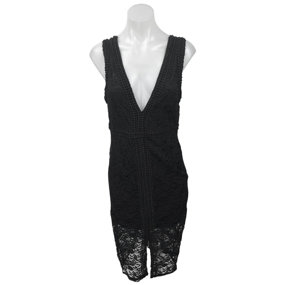 Forever 21 Black Floral Embroidered Lace Plunge V Sleeveless Sheath Midi Dress L